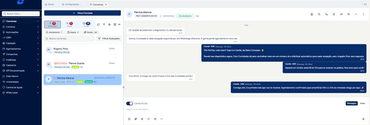 Painel de atendimento na plataforma Sales Compass